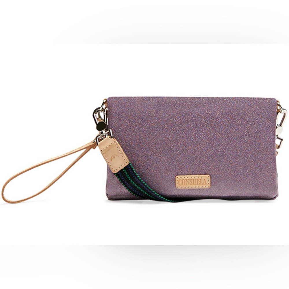 Consuela Glitter Purple Crossbody Wristlet with Tan Strap Detail